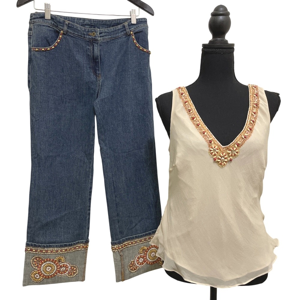 Vintage NWT Cache Beaded Set Y2K Coastal Resort Beachy Boho Jeans Sz 8‎ Tank L
